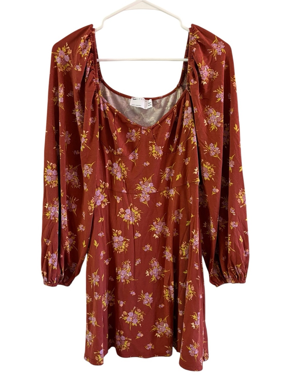 ASOS DESIGN Rust Floral Long Sleeve Scoop Neck Mini Dress US size 6